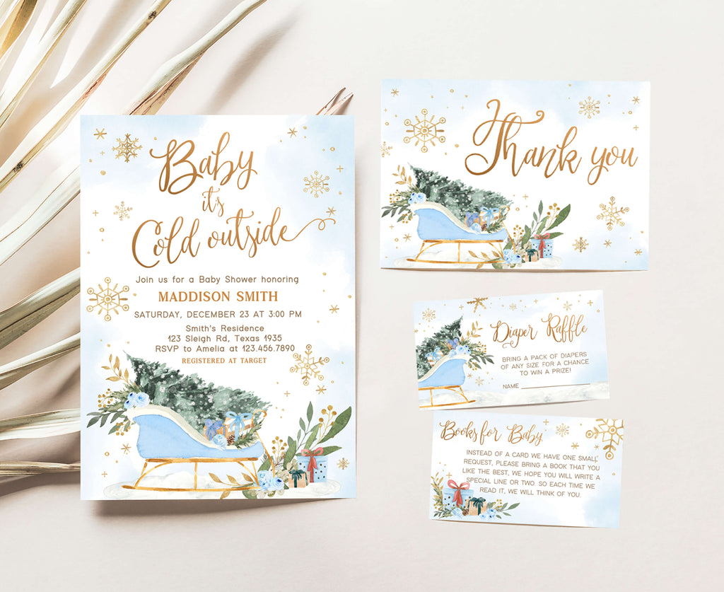 Baby it’s cold outside winter baby shower invitation set boy with blue sleigh and greenery