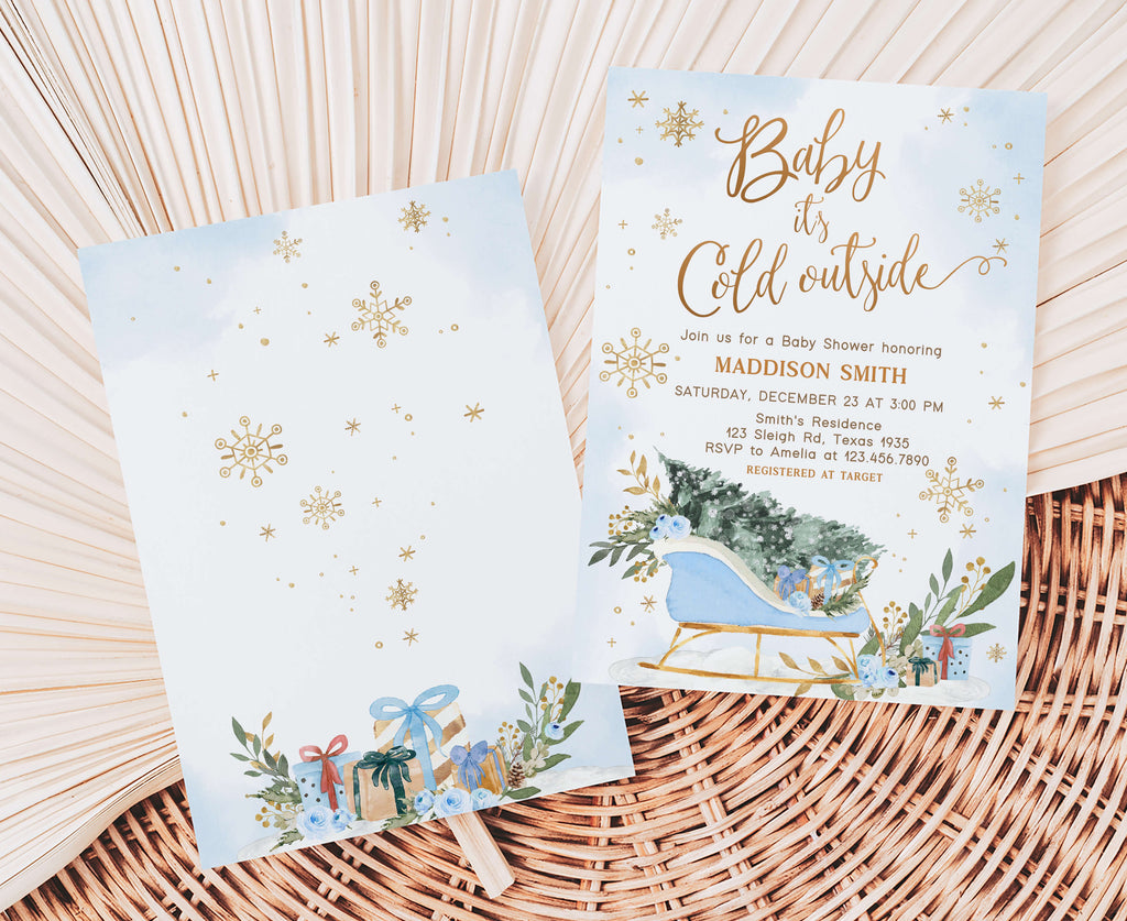 Snowflake and sleigh themed baby shower invite boy, rustic winter greenery baby shower invitation boy digital template