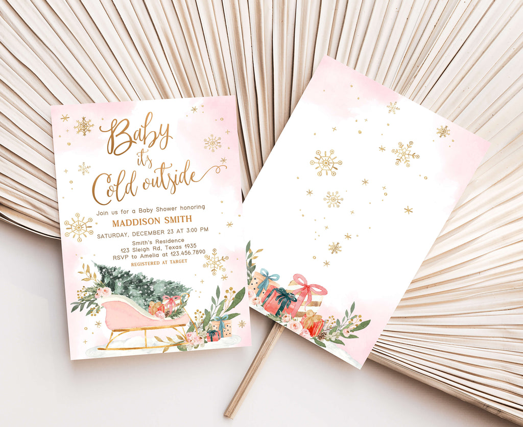 Editable Christmas baby shower invitation template, elegant snowflake baby shower invitation for girl