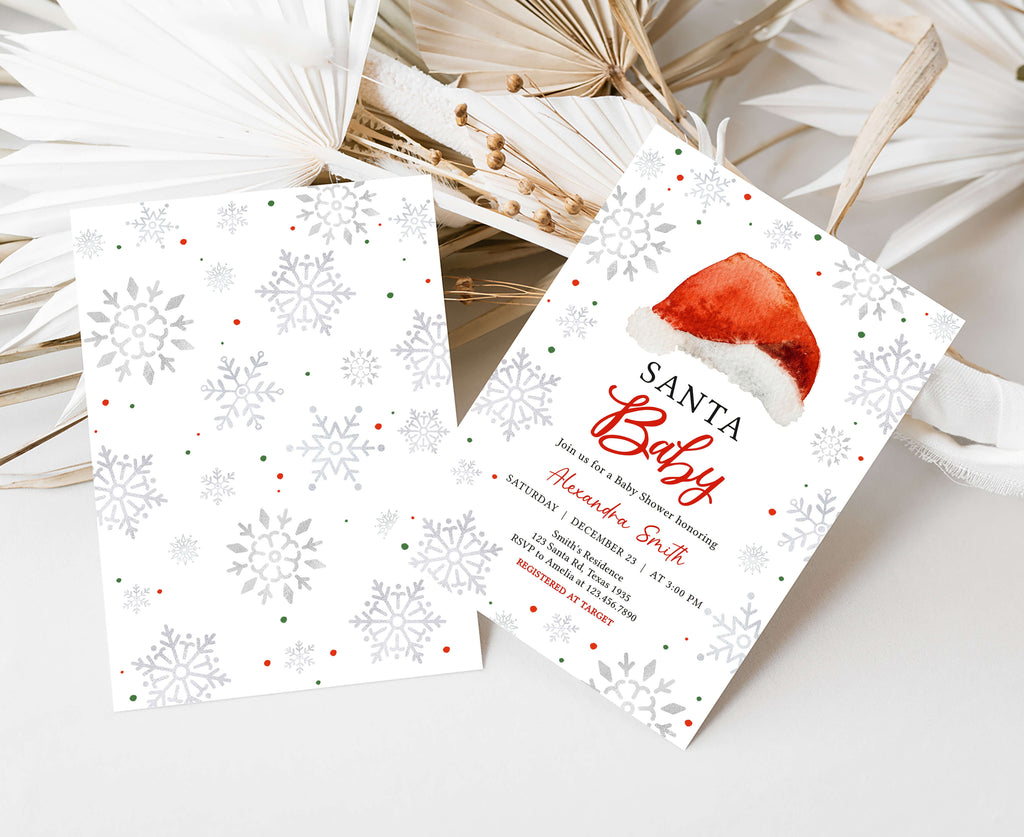 Editable Christmas baby shower invitation template, Printable Santa baby shower invite for winter party