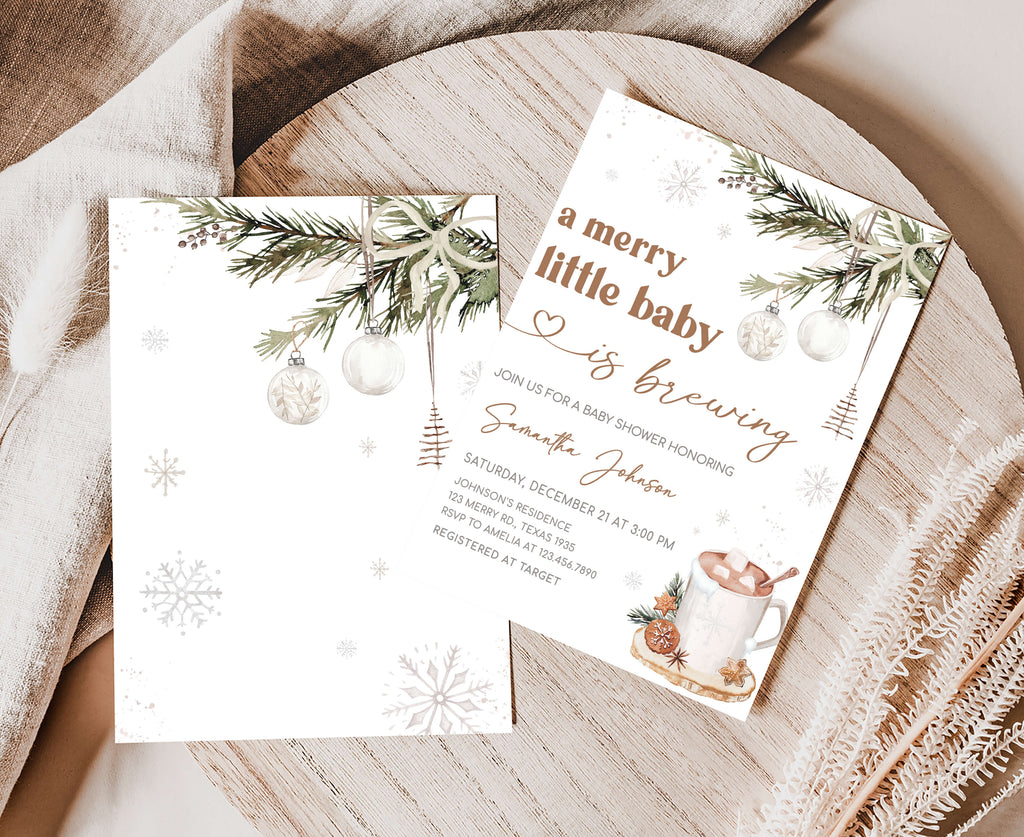 Neutral holiday baby shower invitation for boy or girl, rustic Christmas hot cocoa baby shower theme printable