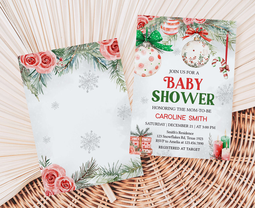 Festive digital baby shower invitation with Christmas candles, rustic holiday shower invite with red and green decorations