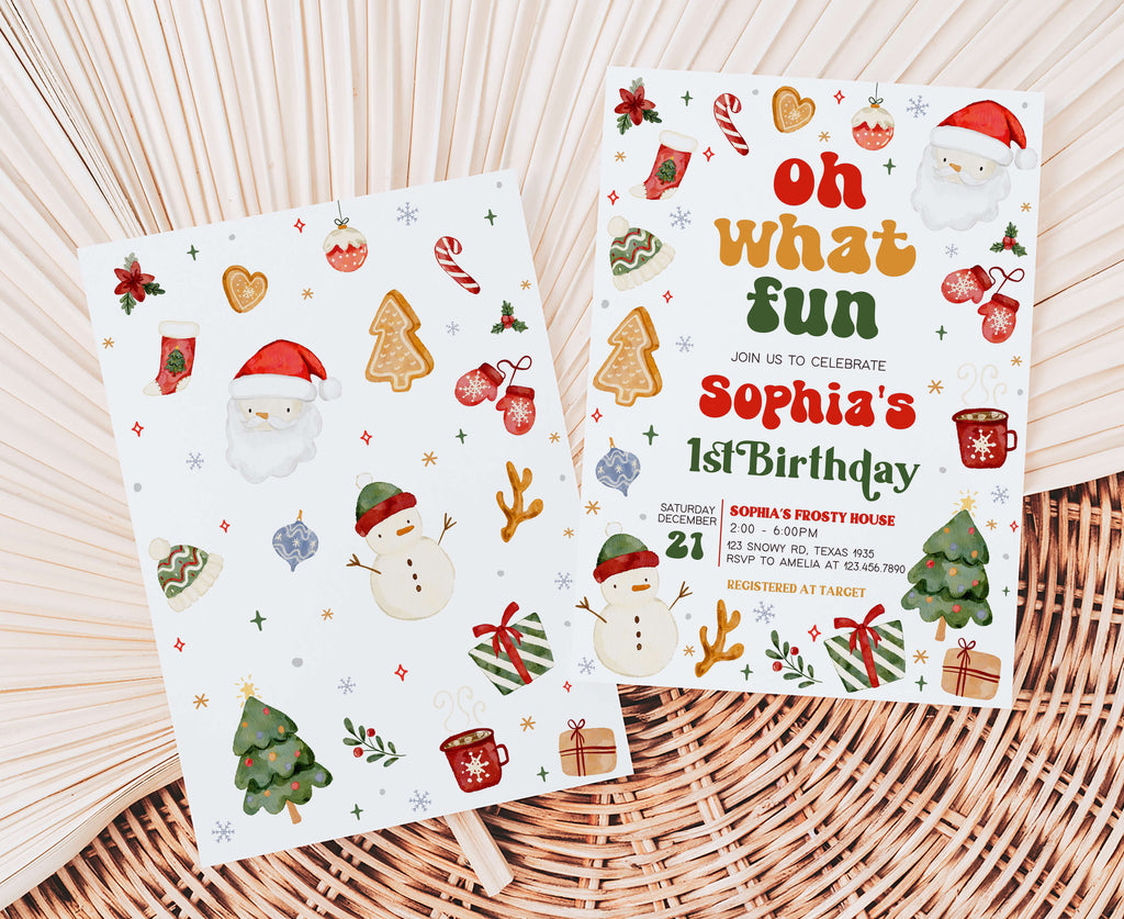 Festive holiday party invitation with Santa and snowman design