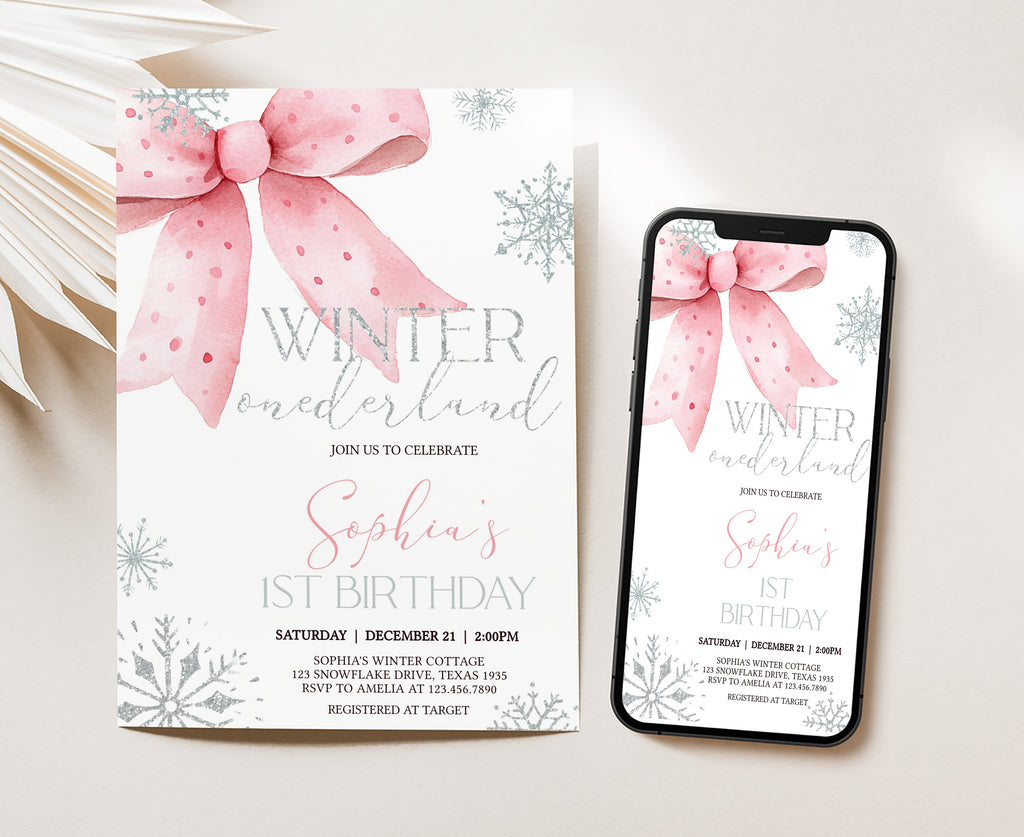 Digital winter wonderland invitation template for baby’s 1st birthday