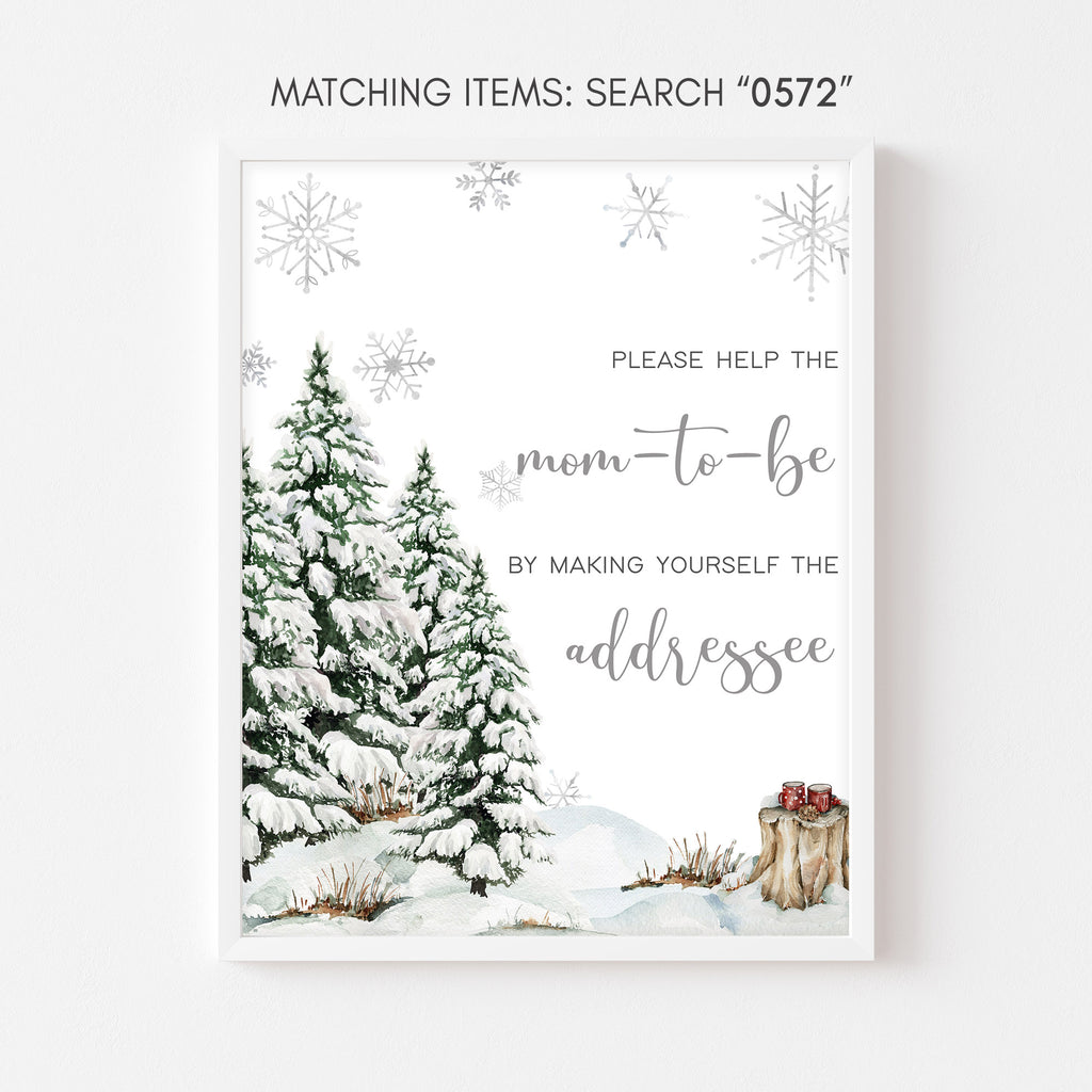 Rustic woodland baby shower envelope station sign with snowflakes and snowy pine tree theme