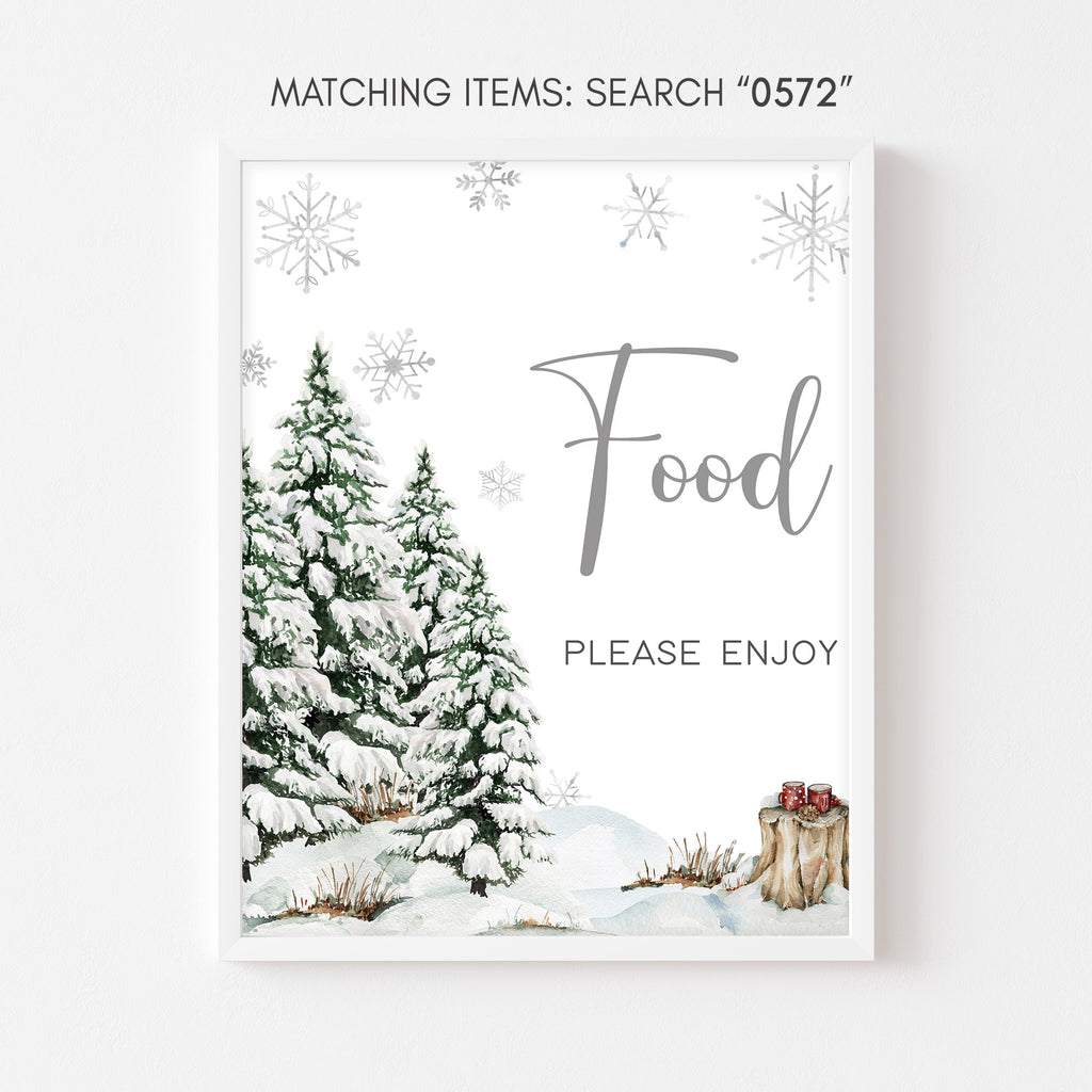 Rustic winter baby shower food sign with snowflakes and snowy pine forest design, neutral theme