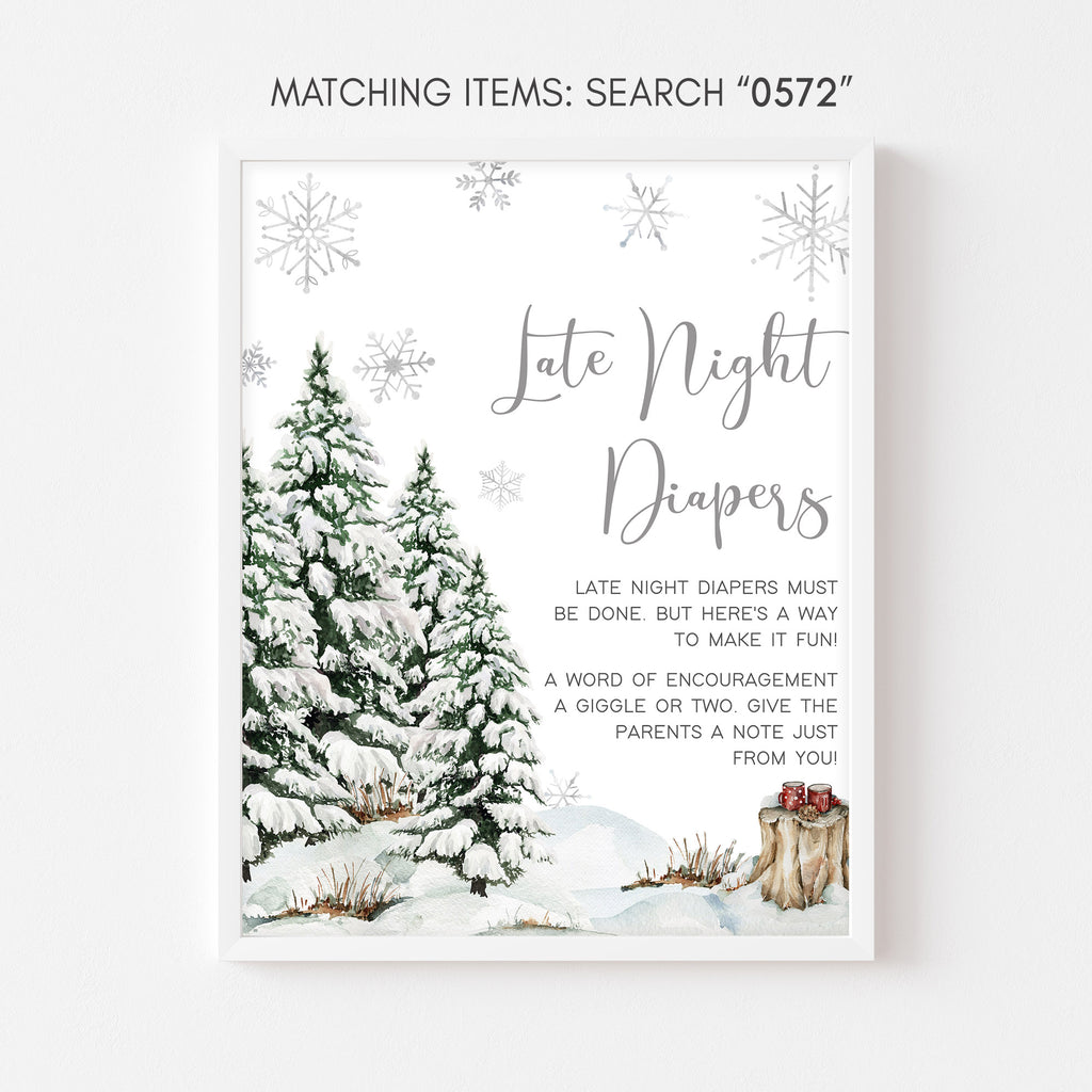 Winter woodland baby shower late night diapers sign with rustic snowflake and pine tree design
