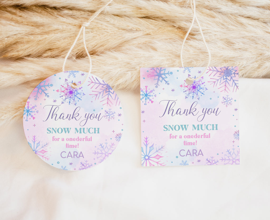 Winter Onederland favor tags with pink and purple snowflakes, editable winter birthday favor tags for party favors