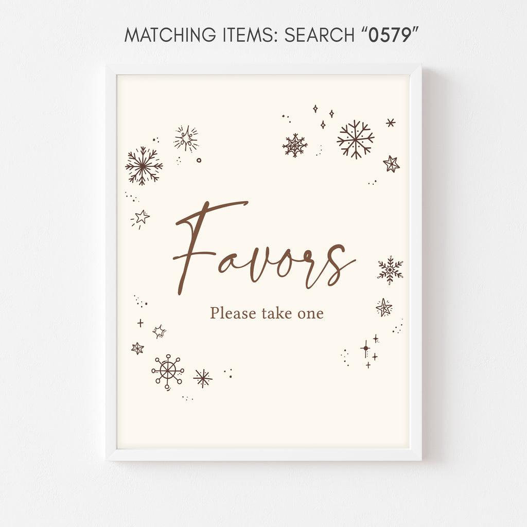 Rustic winter baby shower favors sign with neutral snowflake design