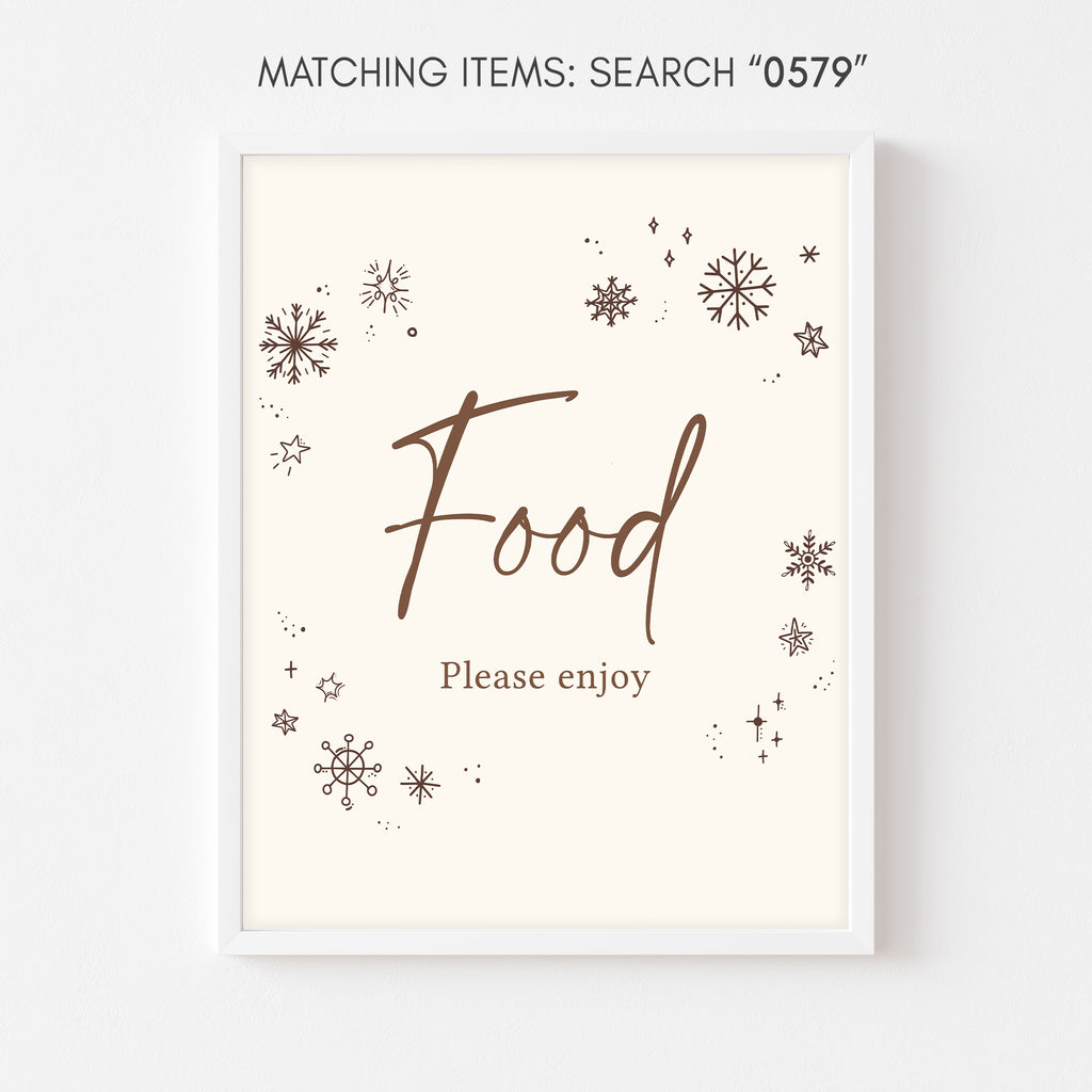 Neutral rustic baby shower food sign with winter snowflakes design
