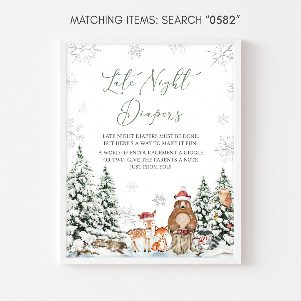 Christmas woodland baby shower late night diapers sign with rustic snowy theme