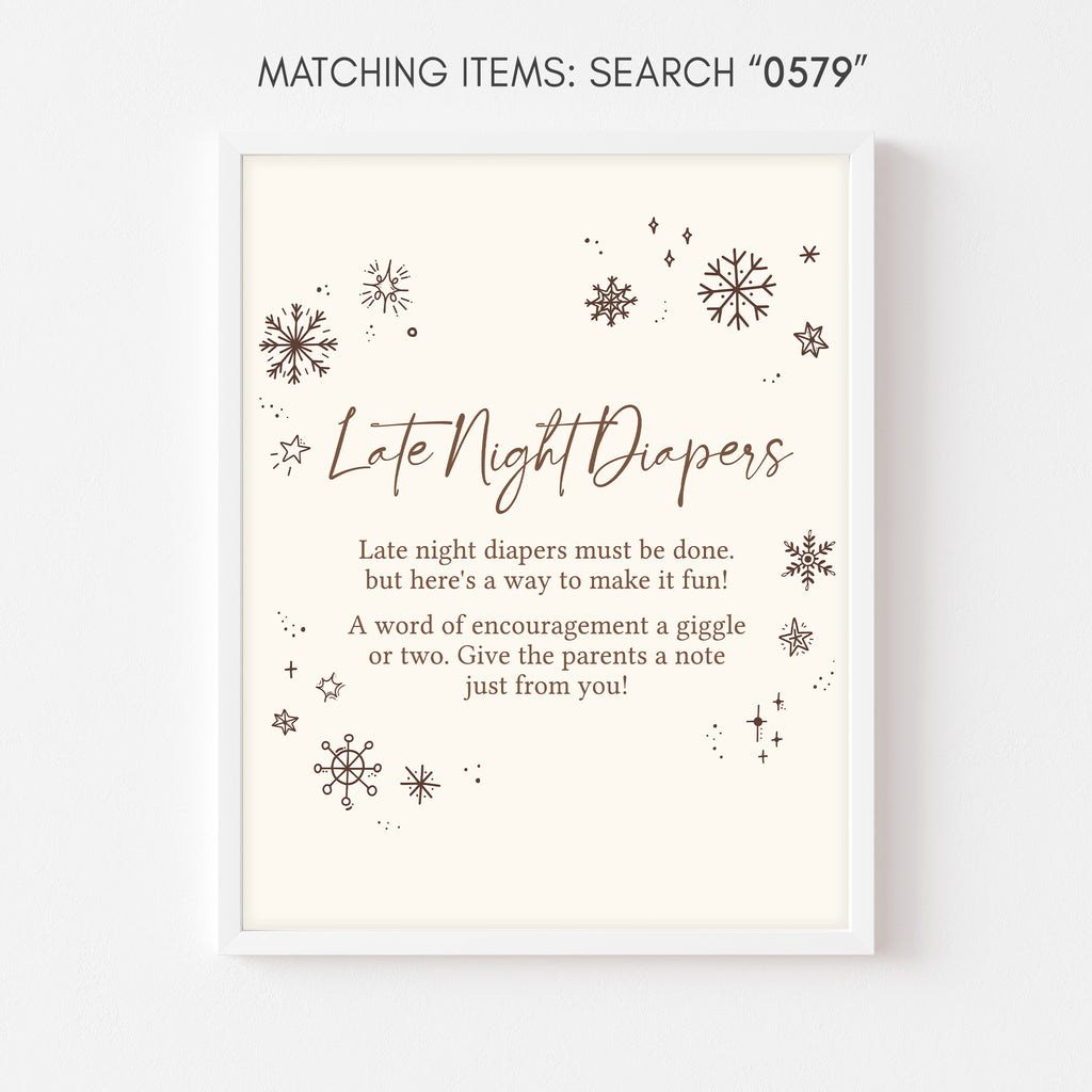 Rustic snowflake baby shower late night diapers sign, winter theme