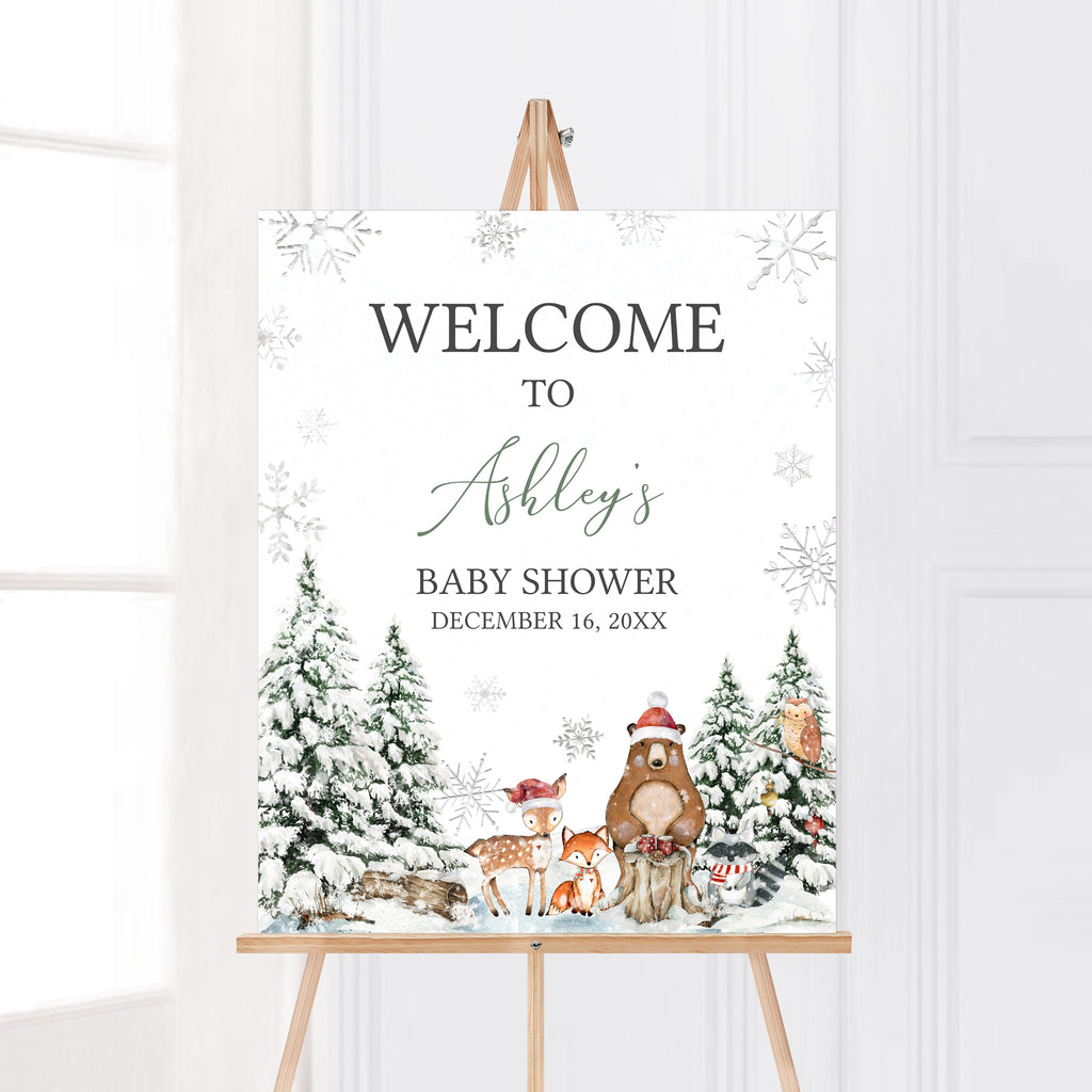Woodland Christmas baby shower welcome sign, rustic winter forest animals and snowflake holiday design