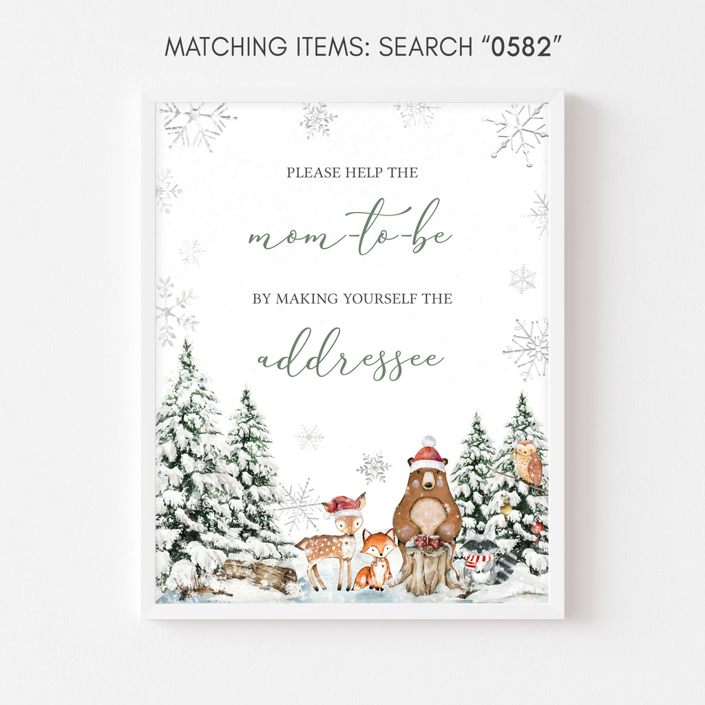 Rustic woodland Christmas baby shower envelope station sign with animals and snowflakes