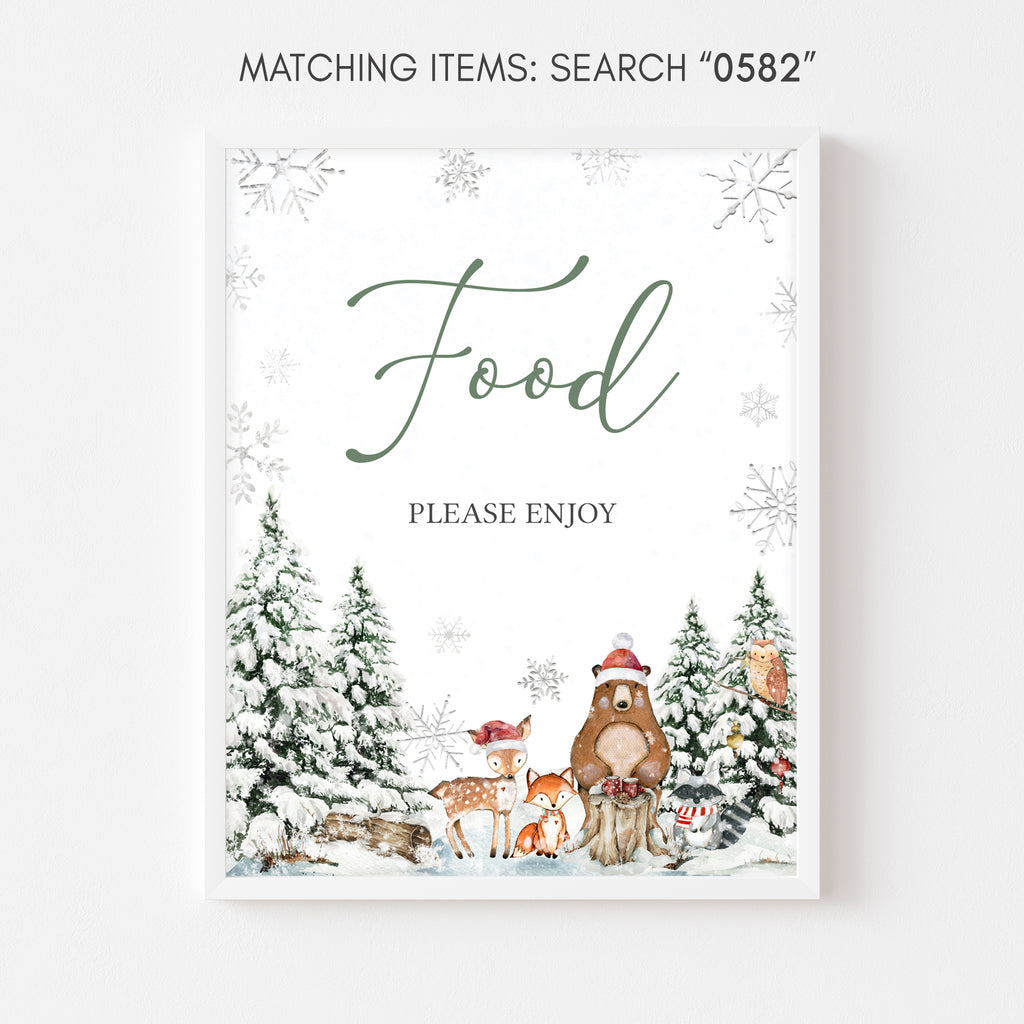 Winter woodland Christmas baby shower food sign with rustic holiday theme and forest animals