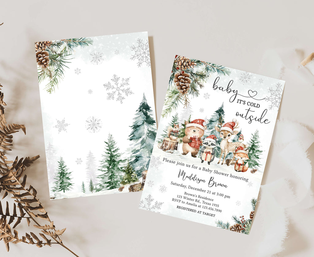 Rustic winter baby shower printable with forest animals, Baby it’s cold outside theme shower invitation digital download