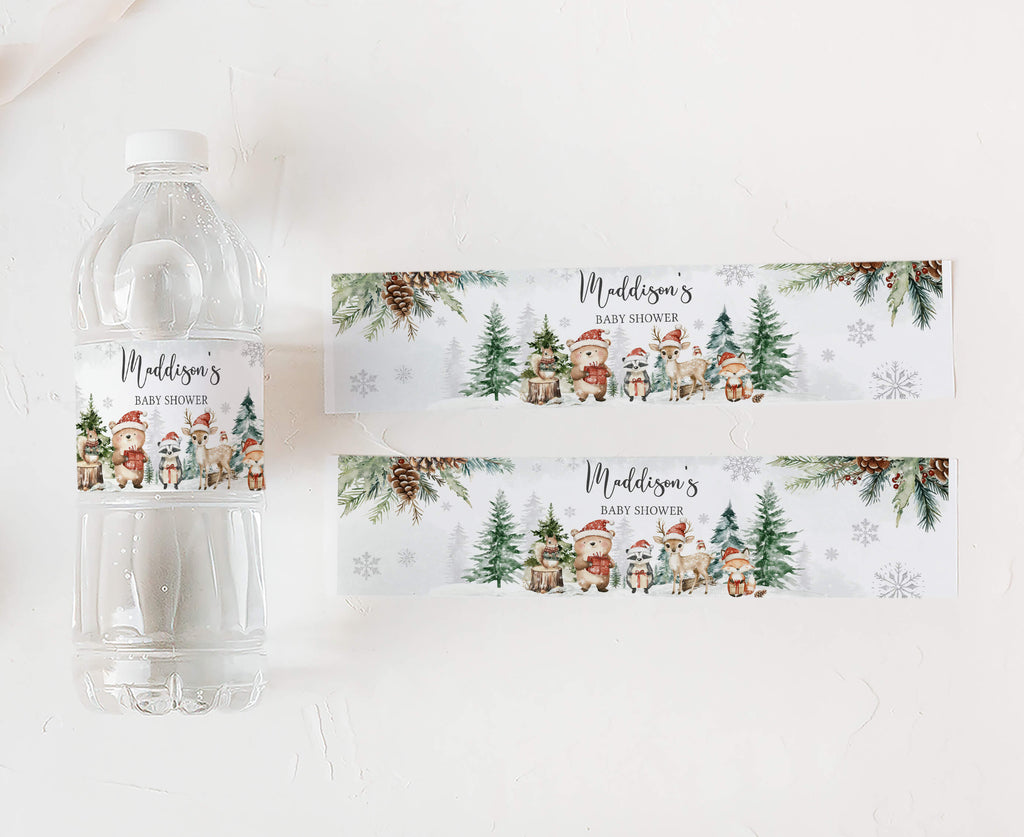 Neutral gender holiday baby shower water bottle labels, rustic woodland theme