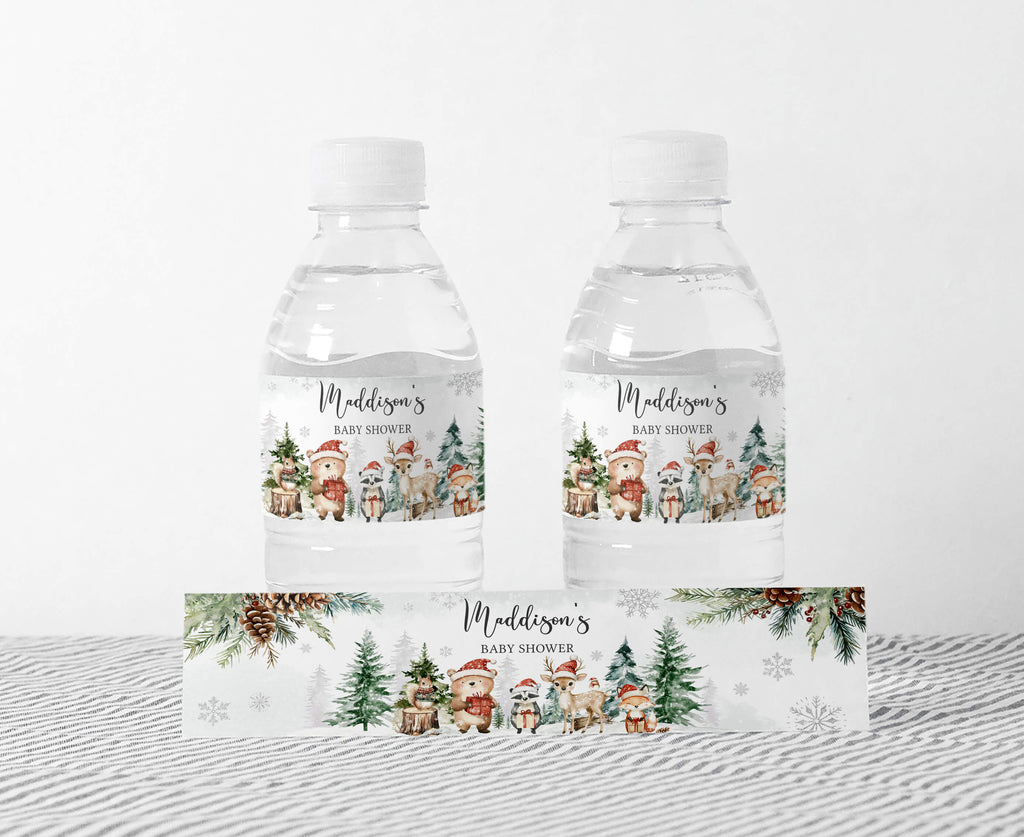 Christmas woodland baby shower bottle labels with forest animals and snowflakes