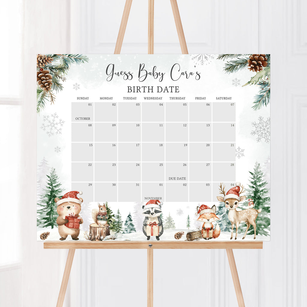 Christmas baby shower due date calendar with woodland animals and snowflake design, winter woodland baby shower prediction calendar, neutral gender holiday theme