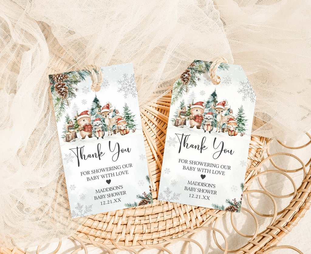 Woodland Christmas baby shower favor tags with cute forest animals and snowflakes, neutral gender holiday baby shower gift tags, rustic woodland printable décor