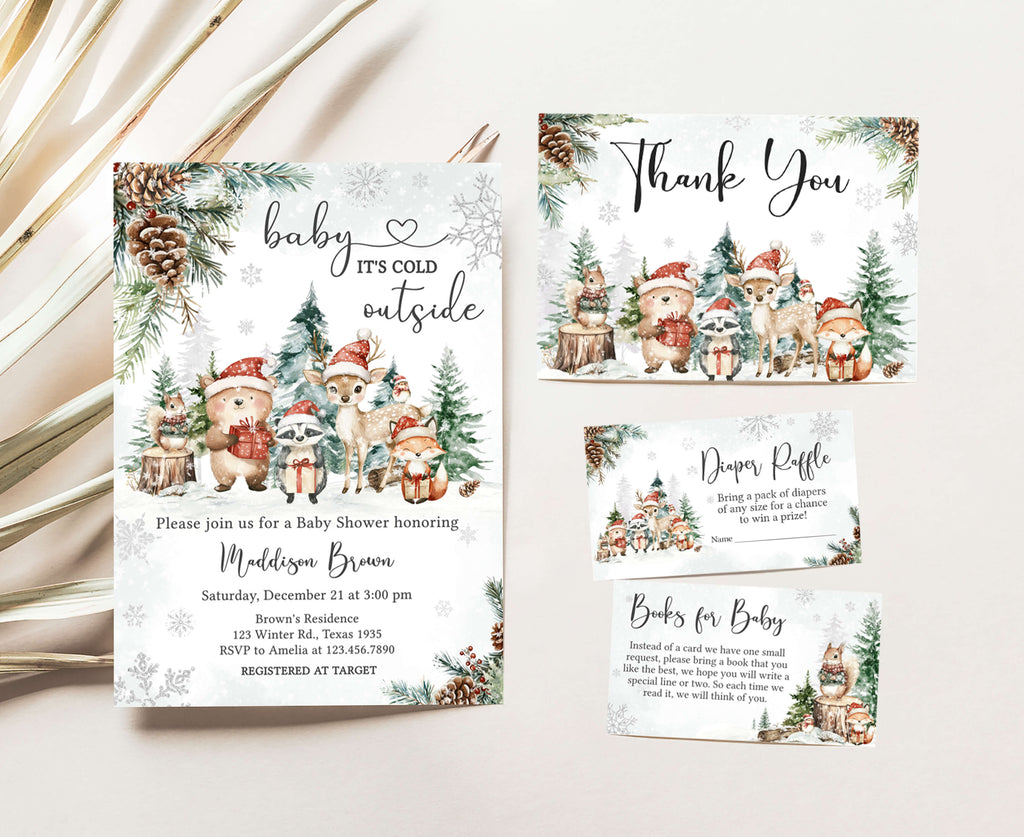 Woodland Christmas baby shower invitation set, rustic holiday forest animals theme, neutral gender Christmas baby shower printable invitation bundle with snowflakes