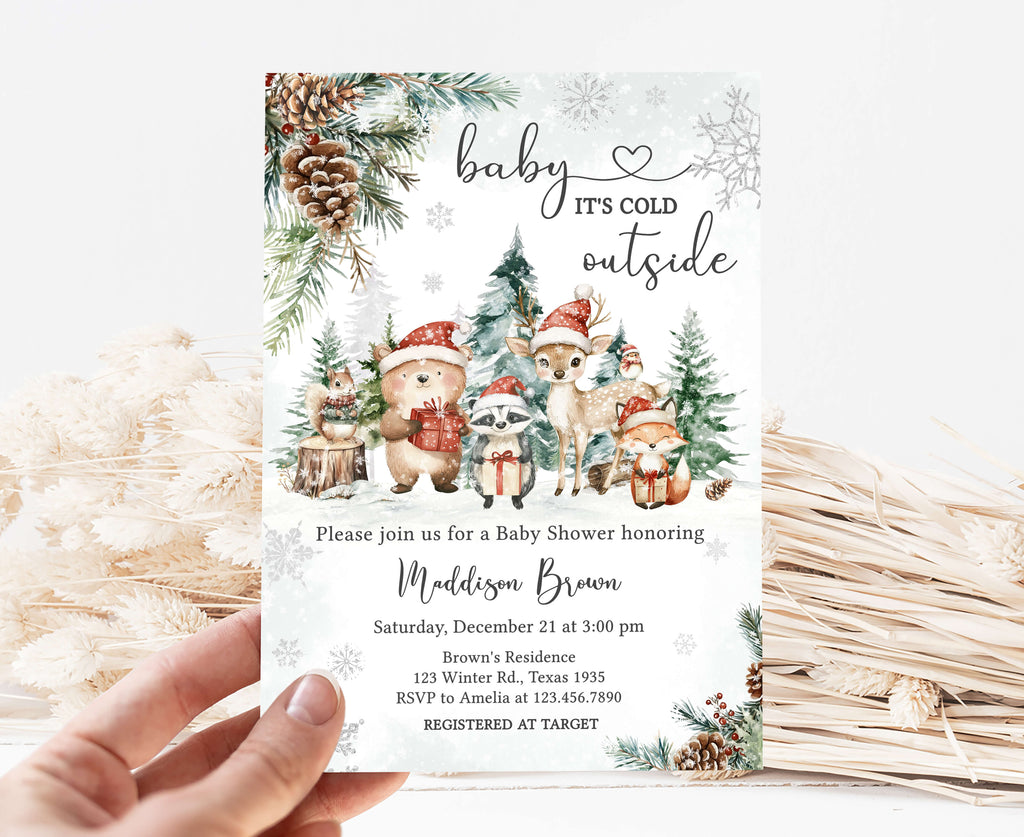 Editable Christmas baby shower invitation template, neutral gender woodland holiday baby shower invite