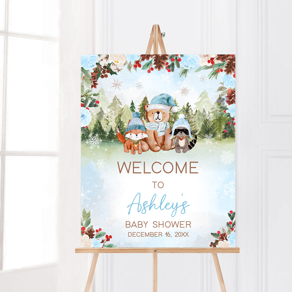 Blue Floral Winter Woodland Baby Shower Welcome Sign