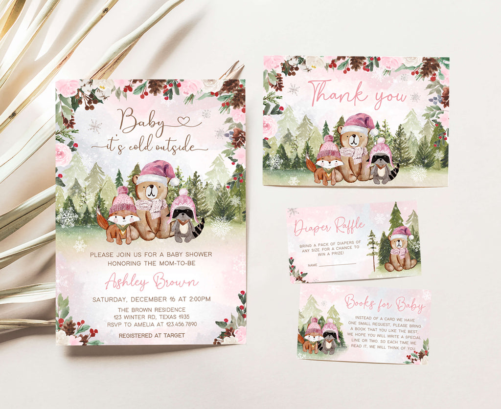 Pink Floral Winter Woodland Baby Shower Invitation Set