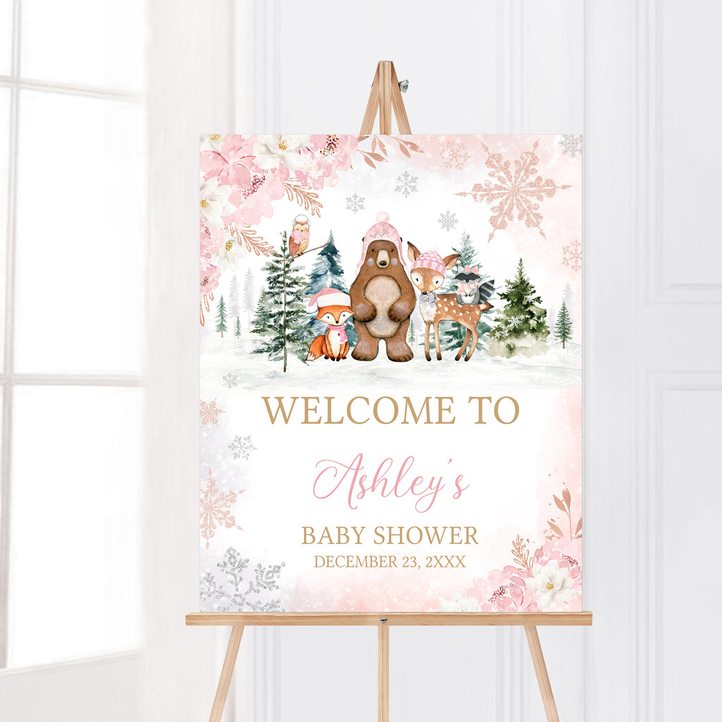 Girl Winter Woodland Baby Shower Welcome Sign
