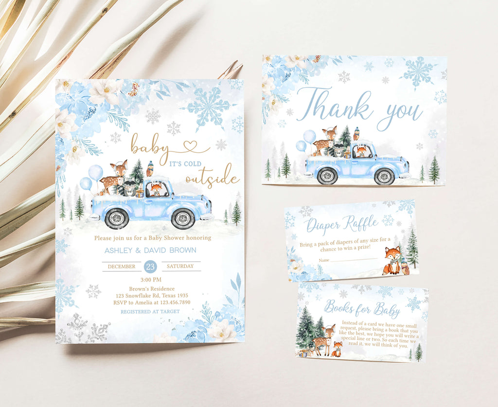 Blue Winter Woodland Baby Shower Invitation Set