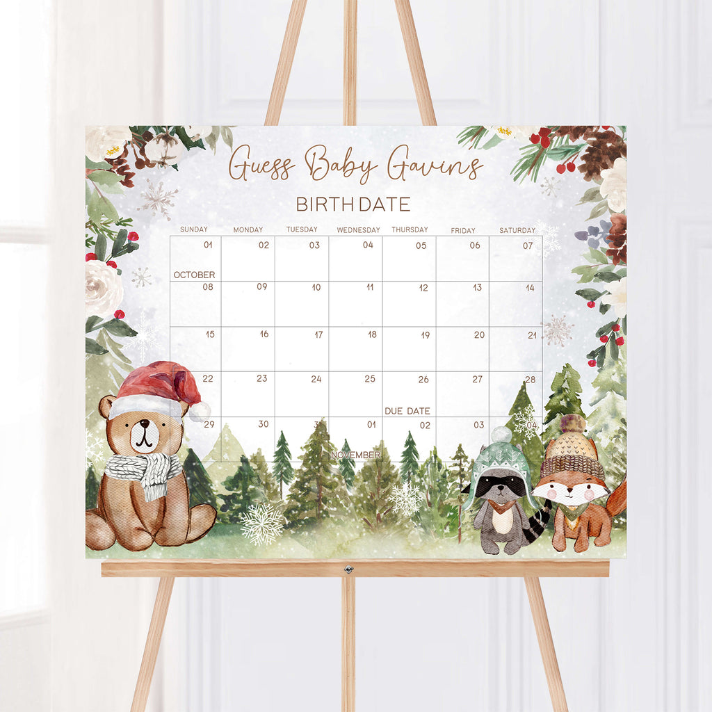 Winter Woodland Baby Shower Due Date Calendar